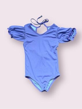 Lilac Puff-Sleeve Girls One-Piece Swimsuit with Keyhole Back